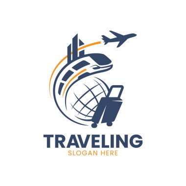 Bu modern logo seyahat vitrinleri için tasarlandı trenin yanında bir uçak, turizm şirketleri için ideal hale getiriyor. Vektör illüstrasyonu.