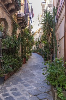 Sicilya, İtalya 'nın Eski Syracuse şehrinde çiçekli küçük bir sokak.