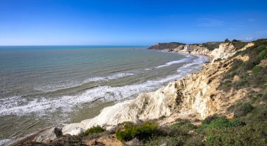 Panoramic view of the coastline near Agrigento, Italy. Stairs of the Turks