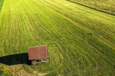 Aerial view of the beautiful landscape of an old wooden house on a green field