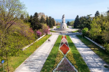 Varna, Bulgaria - April 25, 2022: Panoramic aerial view to the decorated sea garden and The Pantheon of the Fallen of the Wars 