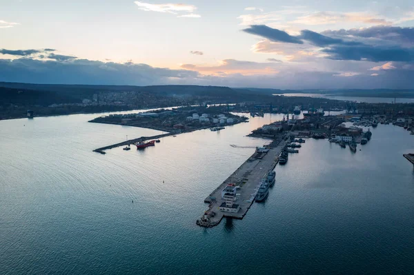 aerial view of the sea port and industrial zone at sunset in Varna, Bulgaria