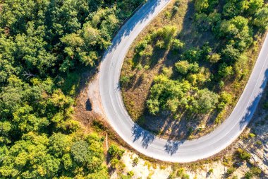 Üst manzara, dağın çam ormanlarında yolun eğrisinin drone görüntüsü.