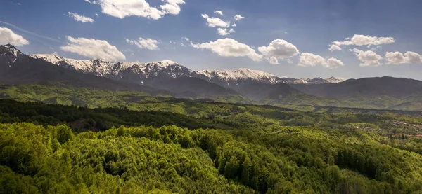 Приголомшливий Панорамний Вид Дрона Гори Сніговими Вершинами Зеленими Пагорбами — стокове фото