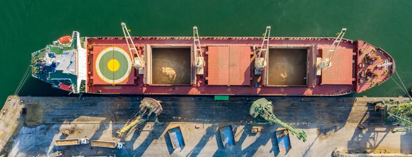 Panoramic View Drone Large Ship Loading Grain Export Water Transport — Stock Photo, Image