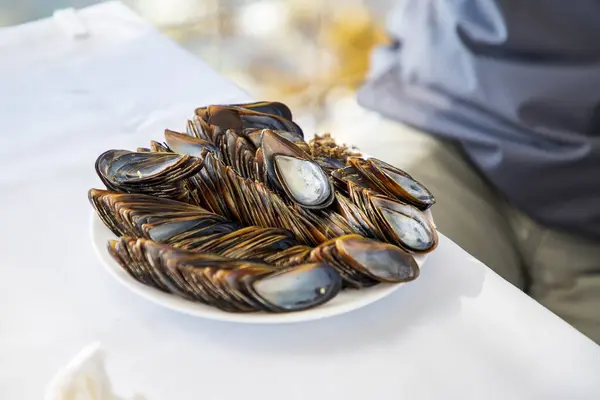 clam shells on a plate after eating. Close