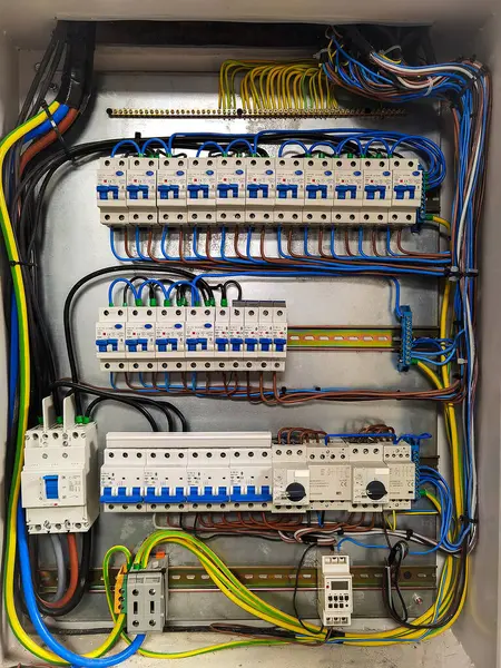 Fuse box, control panel with many various wires and fuses, electrical control panel enclosure for power and distribution electricity on the building site.