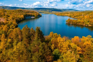 Bereketli bir sonbahar ormanının ortasına kurulmuş dingin bir göl manzarası.
