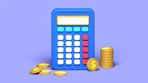 Representación Ilustración Calculadora Con Moneda Aislado Sobre Fondo Azul Adecuado — Foto de Stock