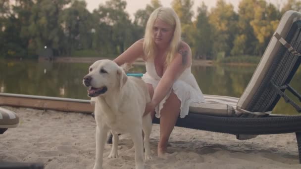 Una Chica Playa Orilla Del Lago Cepilla Pelo Perro Labrador — Vídeos de Stock