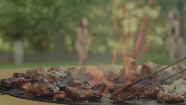 Meat Grilled Summer Grill Background Green Meadow People Playing Bathing — Stock Video