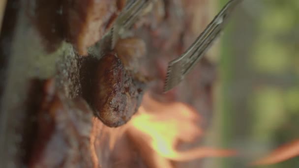 Primo Piano Sfocato Carne Che Viene Grigliata Barbecue Estivo Filmati — Video Stock