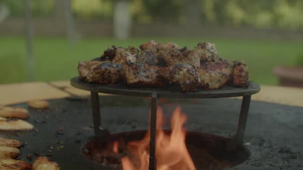 Primo Piano Con Cottura Sfocata Della Carne Barbecue Estivo Filmati — Video Stock