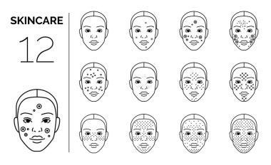 Kadının yüzünde cilt bakımı. Çizgi sanat vektörü simgeleri kümesi