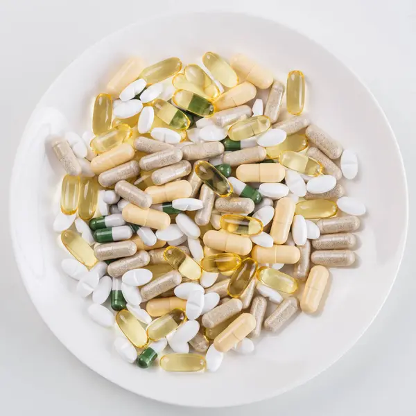 Medicine Pharmacology Heap Pills Dish — Stock Photo, Image