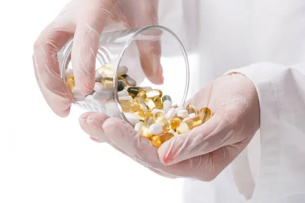 Medicine Pharmacology Doctor Holding Heap Pills — Stock Photo, Image