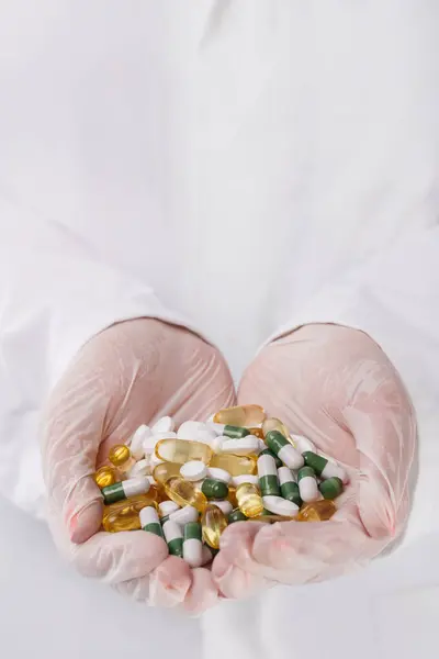 Medicine Pharmacology Doctor Holding Heap Pills — Stock Photo, Image