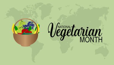 Ulusal Vejetaryen Ayı her yıl ekim ayında gözlemlenir. Tıbbi Sağlık Bilinci kavramı. arkaplan, pankart, panner şablon Vektör illüstrasyon tasarımı.