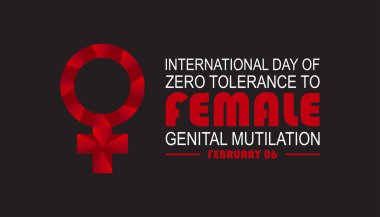 Şubat Uluslararası Kadın Genital Sakatlanmasına Sıfır Hoşgörü Günü 'dür. Pankart, tebrik kartı, poster, baskılar için vektör şablonu Tasarımı, sosyal medya postası, broşür, arka planı olan tişört.