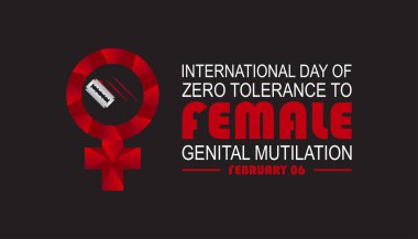 Şubat Uluslararası Kadın Genital Sakatlanmasına Sıfır Hoşgörü Günü 'dür. Pankart, tebrik kartı, poster, baskılar için vektör şablonu Tasarımı, sosyal medya postası, broşür, arka planı olan tişört.
