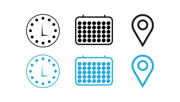 Saat, tarih ve adres veya konum simgeleri. Saat, tarih ve adres veya konum vektörü simgesi seti.