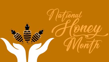 Eylül, Ulusal Bal Ayı. Pankart, tebrik kartı, poster, baskılar için vektör şablonu Tasarımı, sosyal medya postası, broşür, arka planı olan tişört