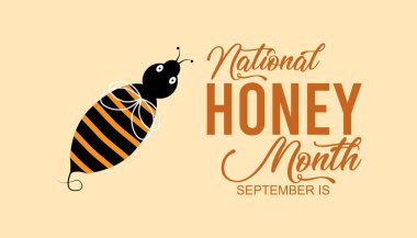 Eylül, Ulusal Bal Ayı. Pankart, tebrik kartı, poster, baskılar için vektör şablonu Tasarımı, sosyal medya postası, broşür, arka planı olan tişört