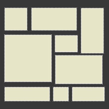 Boş posta pulları koleksiyonu. Posta zarfları için posta pulları. Vektör illüstrasyonu