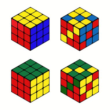 Rubiks küp izometrik set. Geliştirme için renk bulmacası mantık kübik yüz blokları farklı aşamalarda çözümü engeller. Vektör