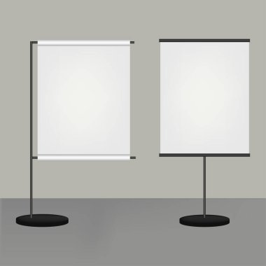 Beyaz arkaplanda boş rulo pankartlar var. Hazır ol. Tasarımcılar için şablon boş. Antrenman veya tanıtım grafiği. Vektör illüstrasyonu