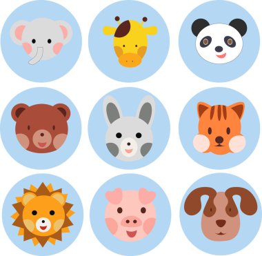Cartoon animal, bird round stickers, avatars. Flat style vector illustrations clipart collection of cute animals characters. Pets, farm, zoo icon set for baby clothes, card, invitation templates.
