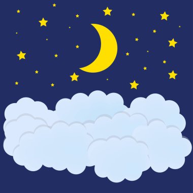 Vector Night Sky, Cartoon Illustration, Paper Art Style Background, Bright Yellow Moon, Stars and Clouds Shining on Dark Blue Backdrop.