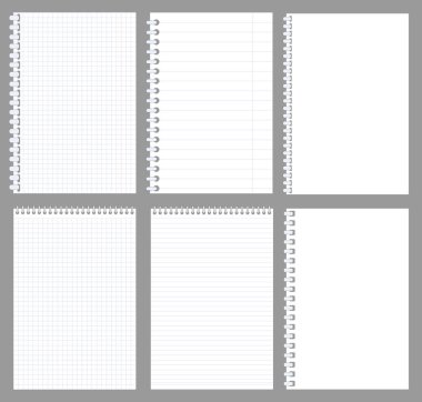 Not kümesi, not defteri çizgili, gri arka plana sıkışmış kare kağıt. Vektör çizimi