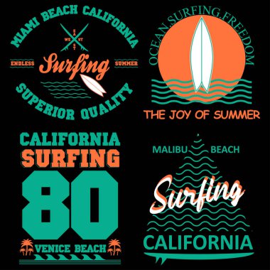 California tişört seti, spor giyimi tipografi amblemi. Vektör