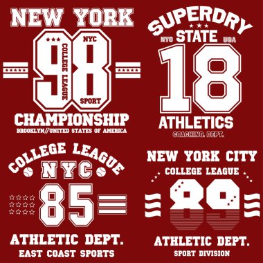 New York şehri tipografisi. Tişört tasarımı için atletik baskı seti. Spor kıyafetleri için grafikler. Tişört koleksiyonu. Vektör