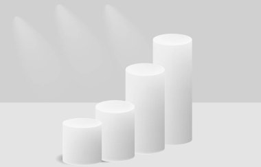 Bir nesne ya da ürün sunumu için silindir biçimli gri zarif kaideler. Geometrik form podyumları olan soyut bir estetik sahne. Vektör sahne şablonu.