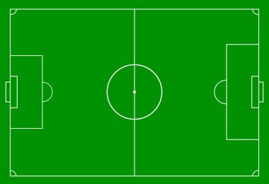 Futbol sahası hizalı. Yeşil arka planda futbol sahası. Üst görünüm.