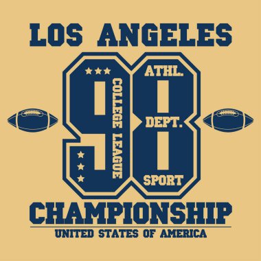 Tişört için kolej vektör etiketi ve baskı tasarımı. Amerikan futbolu. Vektör illüstrasyonu