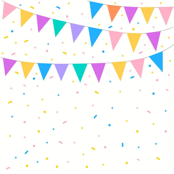 Celebra Colgando Guirnaldas Triangulares Con Confeti Banderas Perspectiva Colorido Partido — Vector de stock