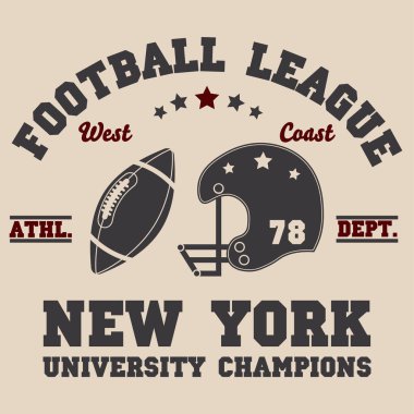 New york vintage t-shirt grafik, tasarım, baskı, tipografi, futbol kask ile etiket. Vektör çizim.