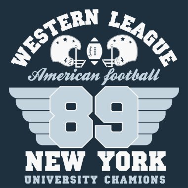 Spor giysisi tipografi amblemi, Amerikan futbolu, tişört damgası, klasik tişört, atletik giyim tasarımı grafik baskı - vektör