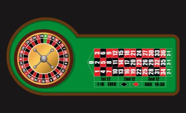 Rulet kumarhanesi illüstrasyonu siyah arka planda izole edilmiş. vektör