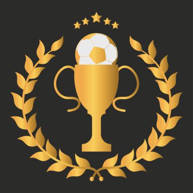 Siyah arka planda defne çelengi olan altın kupa. Vektör.