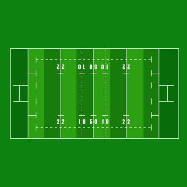 Düz yeşil rugby sahası. Çizgi şablonlu rugby alanının üst görünümü. Vektör stadyumu