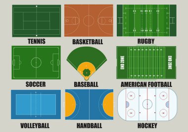 Spor oyunu renk alanlarının yaratıcı illüstrasyonu. Hentbol, tenis, Amerikan futbolu, futbol, beyzbol, basketbol, hokey, rugby, voleybol temsilciliği için grafiksel element