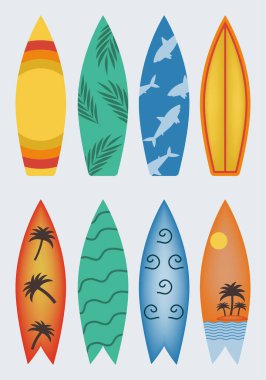Sıra dışı renkli sörf tahtaları, sahil sörfçüleri ahşap sörf tahtaları sörf tahtası dekorasyonu, sörf tahtası nesneleri, sörf tahtası ve plaj sörf tahtası için düzgün vektör çizimleri.