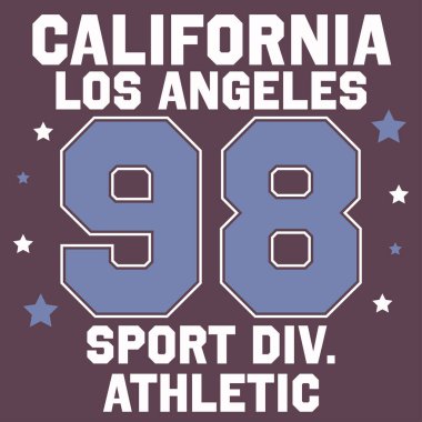 Kaliforniya 'da tasarım kıyafetleri ve tişörtler için tipografi. Atletik giysi numarası için grafik. Spor kıyafetleri baskısı. Vektör illüstrasyonu.