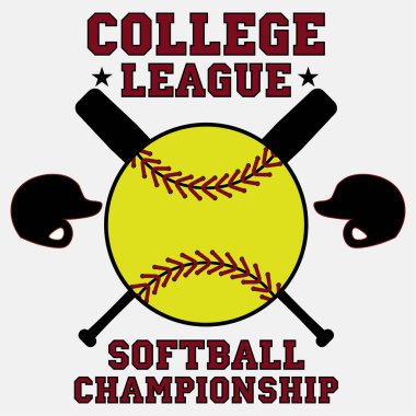 Tişört izi tasarımı. Softball pulu. Baskı ve rozet başvurusu tişörtü, kot pantolon, günlük kıyafet. Vektör illüstrasyonu