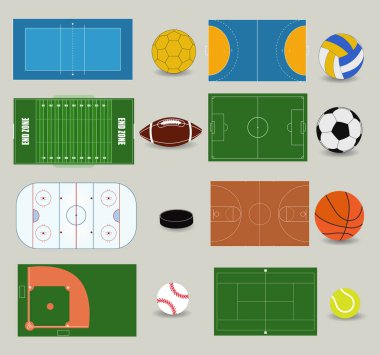 Tenis, beyzbol, futbol, futbol, basketbol, hentbol, voleybol, hokey için spor sahası. Topları gri arkaplanda izole