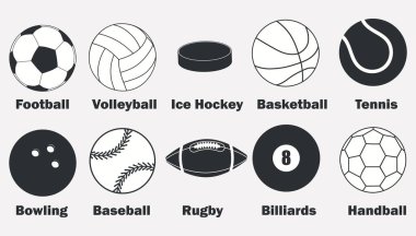Futbol, basket, hentbol, buz hokeyi, voleybol, beyzbol, bowling, rugby ve tenis için vektör spor ekipmanları. Vektör illüstrasyonu